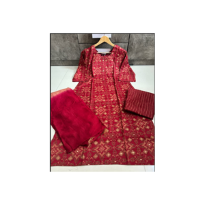 Womens Capsule Print Red Kurta with Dupatta (Set of 3) - Image 2