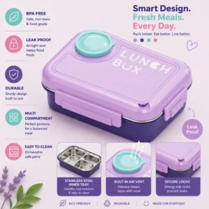 Lunch Box 3 Compartment Stainless Steel for Kids (Purple)